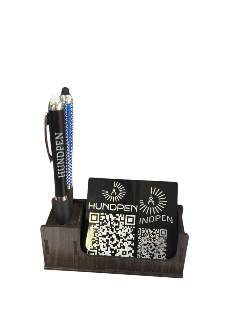 Wooden Desktop Organiser, Business Card Holder with Pen Stand, Dark Brown